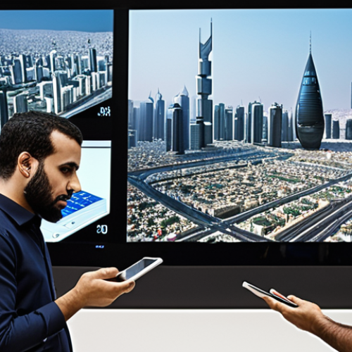 Home 4 ** A diverse group of people collaboratively analyzing data on large screens and tablets, symbolizing citizen participation in data analysis. The scene should evoke a sense of empowerment and community engagement with big data, set against a modern cityscape with Arabic script elements.
**