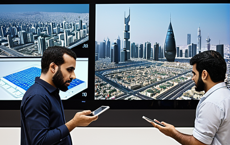 ** A diverse group of people collaboratively analyzing data on large screens and tablets, symbolizing citizen participation in data analysis. The scene should evoke a sense of empowerment and community engagement with big data, set against a modern cityscape with Arabic script elements.

**