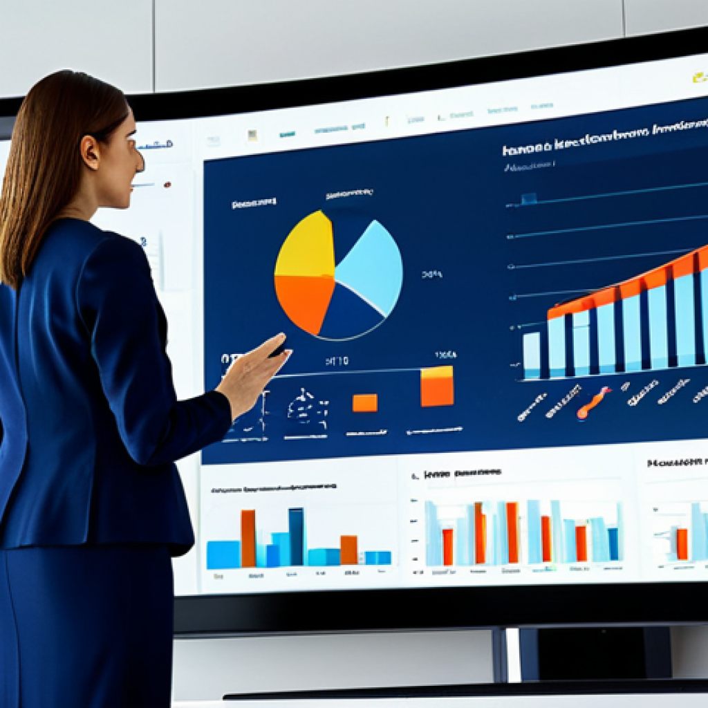 Business Analytics Presentation**
"A professional businesswoman in a modest, dark blue business suit, presenting data analytics insights on a large screen in a modern office setting. The screen displays charts and graphs. Fully clothed, appropriate attire, safe for work, perfect anatomy, natural proportions, professional photography, high quality, family-friendly."
**