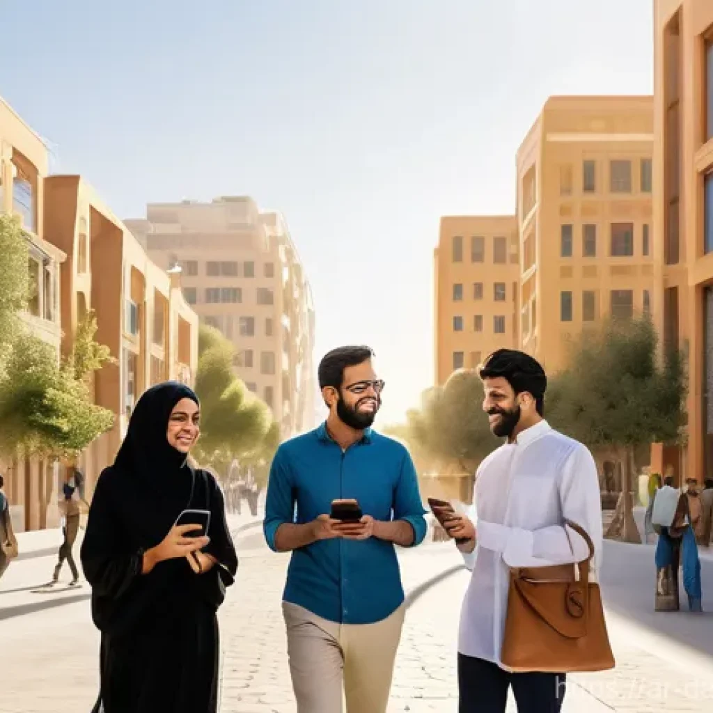시민 참여형 빅데이터 활용의 이점 - **Prompt:** A bustling, vibrant smart city in an Arabian setting at golden hour. Citizens of diverse...