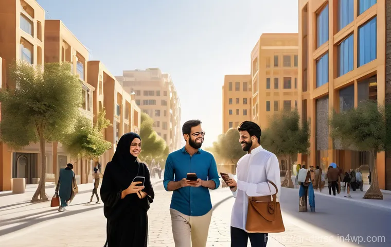시민 참여형 빅데이터 활용의 이점 - **Prompt:** A bustling, vibrant smart city in an Arabian setting at golden hour. Citizens of diverse...