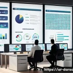 Home 17 소셜 미디어와 빅데이터의 연결성 - A detailed digital illustration of an Arabic social media marketing team analyzing big data on multi...