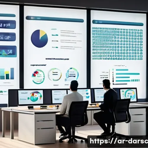 Home 29 소셜 미디어와 빅데이터의 연결성 - A detailed digital illustration of an Arabic social media marketing team analyzing big data on multi...