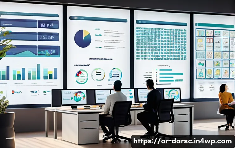 소셜 미디어와 빅데이터의 연결성 - A detailed digital illustration of an Arabic social media marketing team analyzing big data on multi...