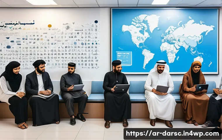 시민 데이터 활용을 통한 공공 서비스 개선 - A modern Arab government office scene showing diverse citizens engaging with digital platforms on sm...